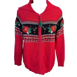 Dress Barn Holiday Cardigan Full Zip Embroidery Poinsettias Plus 1X Vtg